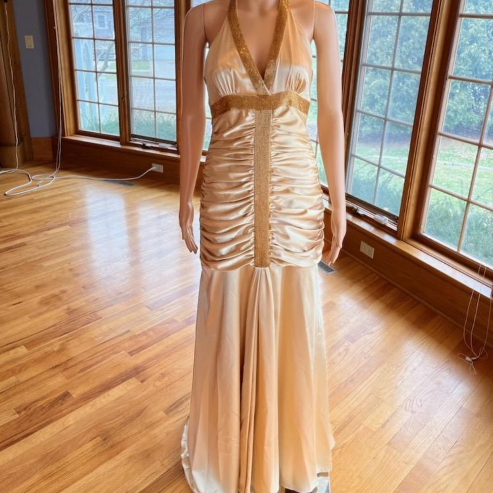 *Riva Design Gold Silky Satin 30s Style Halter Bridal Gown Wedding Dress Size 10